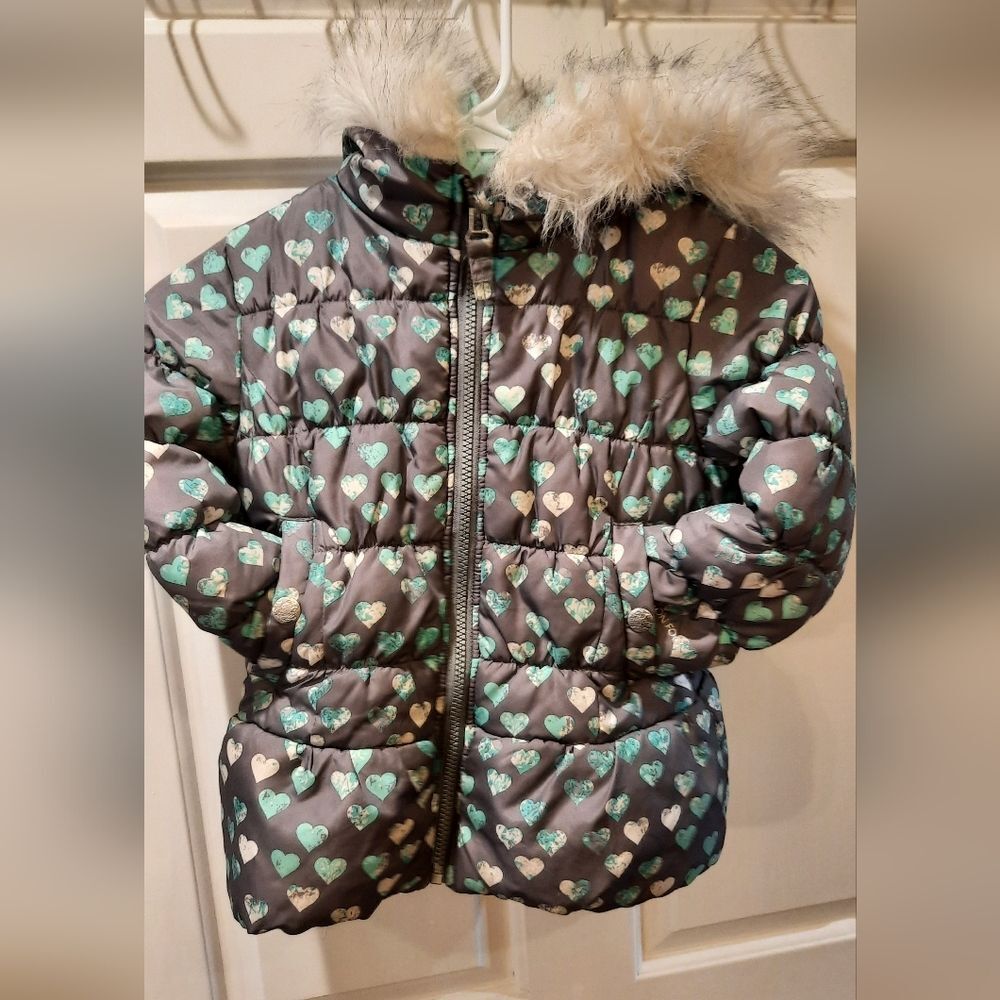 London Fog Coat Girls Medium Gray Heart Print Winter Puffer Outdoor Faux Fur